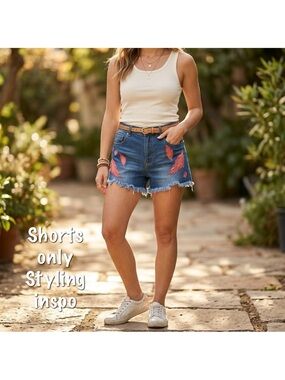 Route 66 Blue Denim Shorts with Feather Embroidery- w/ flaw